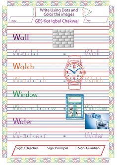 the writing practice sheet for children to learn how to read and write words with pictures