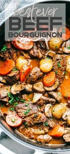 beef stew in a pot with potatoes and carrots on the side text overlay says beef beef bourgugion