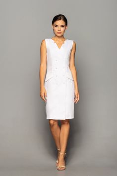 "A midi summer dress featuring an imitation of double breasted closure, v-neckline, and a wiggle silhouette. - v-neckline - pencil silhouette - knee length (midi) - sleeveless - imitation of double breasted closure - button front - concelaed back zipper closure - fully lined Color: white Fabric: cotton - 95%, elastane - 5% Lining: 95% viscose, 5 % elastane For size S: length- 40,16\" (102 cm) Our model wears size S (06) and is 171cm/5'6\" tall. MORE DRESSES: https://www.etsy.com/shop/TAVROVSKA?r Elegant Fitted V-neck Dress With Button Closure, Elegant V-neck Midi Dress With Buttons, Summer Dress With Notched Neckline And Button Closure, Dress With Button Closure And Notched Neckline, Elegant V-neck Dress With Buttons For Spring, Summer Midi Dress With Fitted Bodice And Notched Neckline, Fitted Midi Dress With Notched Neckline For Summer, Elegant Sleeveless Dress With Button Closure, Fitted Dresses With Notched Neckline For Daywear