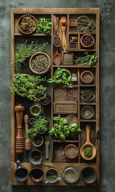 an assortment of spices and herbs arranged on a wooden tray