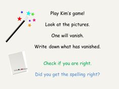 a card with an image of a wand and stars on it that says, play kim's game look at the pictures one will varish write down what has washed