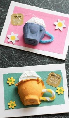 two greeting cards made to look like teapots