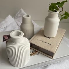 two white vases sitting on top of a table next to a book and plant