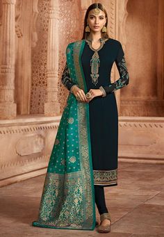 Faux Georgette Straight Kameez in Dark Teal Blue This Semi-stitched attire with Poly Shantoon Lining is Enhanced with Resham, Zari and Patch Border Work and is Crafted in Chinese Collar Neck and Full Sleeve Available with a Poly Shantoon Churidar in Dark Teal Blue and an Art Silk Jacquard Dupatta in Teal Green The Kameez and Bottom Lengths are 48 and 48 inches respectively Do note: Accessories shown in the image are for presentation purposes only and length may vary upto 2 inches.(Slight variat Drashti Dhami, Indian Suit, Churidar Suits, Lawn Suit, Salwar Suits Online, Utsav Fashion, Designer Salwar Suits, Indian Dress, Salwar Kameez Designs