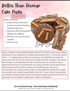 the back cover of a recipe book for better than kevenge cake packs, featuring chocolate and pretzels