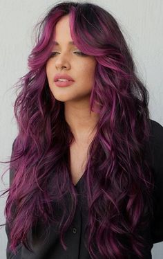 Plum Hair With Pink Highlights, Funky Dark Hair Color, Vivid Hair With Bangs, Purple Balayage With Money Piece, Vivid Color Highlights, Purple Pink And Black Hair, Purple Pink Balayage, Brown Hair With Fun Colors, Barbiecore Hair