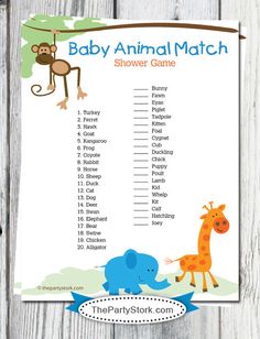 a baby animal match game with an elephant and giraffe