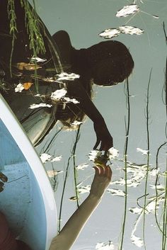 the reflection of a person standing on a boat in water with lily pads and reeds