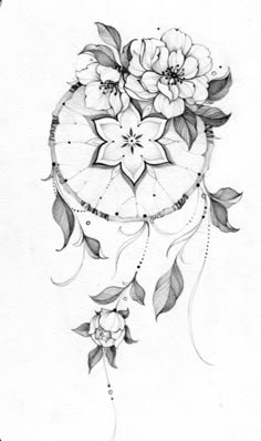 a black and white drawing of flowers with leaves on the bottom half of its head