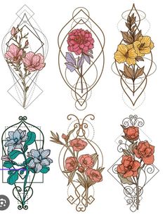 four different types of flowers with decorative designs on the sides and bottom, all in various colors