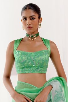 Green shaded ombre organza saree features dori embroidery with satin details. Comes with gajji silk blouse, embellished with patra work and matching dori embroidery. - Aza Fashions Festive Fusion Pre-draped Saree With Unstitched Blouse, Fusion Pre-draped Saree With Unstitched Blouse For Diwali, Fitted Organza Blouse Piece For Diwali, Green Organza Bollywood Blouse, Green Organza Blouse For Festivals, Green Organza Blouse Piece For Reception, Fitted Organza Blouse For Diwali, Fusion Style Blouse Piece For Diwali, Fusion Blouse Piece For Diwali