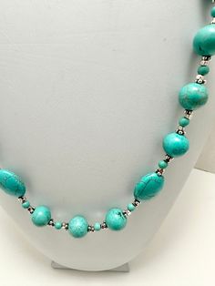 Beaded Turquoise Howlite Necklace, Turquoise Long Necklace With Gemstone Beads, Turquoise Long Necklace With Round Natural Stones, Turquoise Necklace With Oval Beads And Single Strand, Blue Turquoise Howlite Necklace With Round Beads, Turquoise Howlite Necklace With Natural Stones, Handmade Turquoise Howlite Beaded Necklaces, Bohemian Turquoise Howlite Necklace, Turquoise Howlite Gemstone Beaded Necklaces