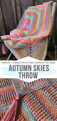 a crocheted blanket with the words autumn skies throw on it