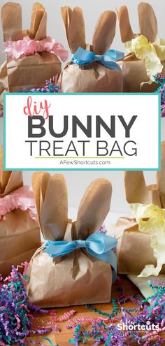 some bunny treat bags with the words diy bunny treat bag on it and colorful streamers around them