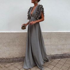 Sexy Gray V Neck Short Sleeves Maxi Dress Dresses Long Elegant, Elegant Dresses Plus Size, Long Dress Elegant, Party Dress Women, Long Dresses Elegant, Ruffles Fashion, Short Sleeve Maxi Dresses, Formal Party Dress, Women's Evening Dresses