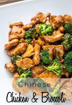 chicken and broccoli on a white plate with the words chinese chicken and broccoli