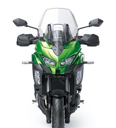 the front view of a green motorcycle with clear windshields and headlamps on