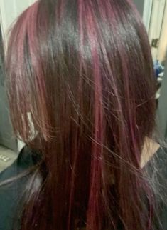 Y2k Red Highlights, Highlight Streaks In Brown Hair, Dark Pink Hair Streaks, Pink Over Dark Brown Hair, Hair Dye Colors Highlights, Magenta Streaks In Brown Hair, Red Purple Hair Highlights, Purple Highlights In Dark Brown Hair, Brown Hair And Purple Highlights