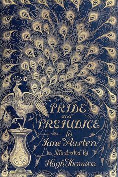 an antique pride and prevage book with peacocks on the cover, in blue