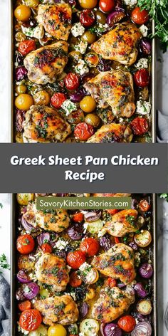 greek sheet pan chicken recipe with tomatoes, olives and feta cheese on top