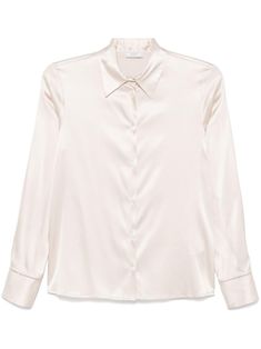 ivory white silk blend satin finish Punto Luce-chain detail front button fastening pointed flat collar long sleeves buttoned cuffs straight hem Elegant White Blouse With Concealed Placket, Classic White Satin Blouse, Elegant Silk Blouse With Fold Down Collar, Classic Satin Blouse With Button Cuffs, Cream Satin Long Sleeve Blouse, Elegant Cream Satin Blouse, Elegant White Satin Blouse, Elegant Cream Blouse With Button Cuffs, Formal Cream Blouse With Button Cuffs