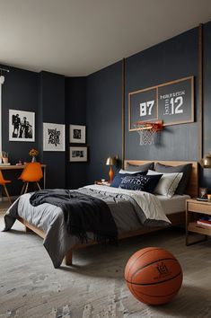 a bedroom with a basketball on the floor next to a bed and desk in front of it