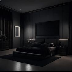 a bedroom with black walls and dark furniture