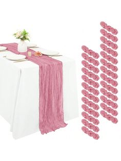 the table is covered with pink crochet placemats