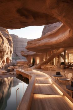 an indoor swimming pool in the middle of a desert area with large rocks on either side