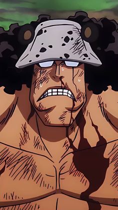 an animated image of a man with a hat on his head and one eye open