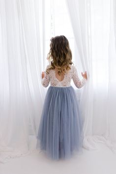 White Lace Flower Girl Dress Gray Tulle Long Sleeve Wedding | Etsy Emily King, Lace Flower Girl Dress, Flower Girl Dresses Blue, Long Sleeve Wedding Dress, Blue Ball Gowns, Blue Themed Wedding, Flower Girl Dress Lace, Boho Girl