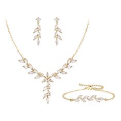 PRICES MAY VARY. 【Design】This marquise-shape cubic zirconia jewelry set features cascading floral vines. Perfect for your vintage style weddings & events, and also make for the perfect bride proposal. 【Material】The marquise bridal jewelry set is made of cubic zirconia and 14K gold plated brass. High Polished, Hypoallergenic and Shiny Forever. Safe and comfortable to wear. 【Jewelry Set Size】Necklace length: it will has 19.7"(50cm) +3.5"(9cm) extender chain for additional. Width: 1.6"(4cm). Earrin Vine Necklace, Earrings For Wedding, Rose Gold Wedding Jewelry, Costume Jewelry Sets, Wedding Jewelry Set, Bridal Jewelry Set, Cubic Zirconia Necklace, Bride Accessories, Women's Jewelry Sets