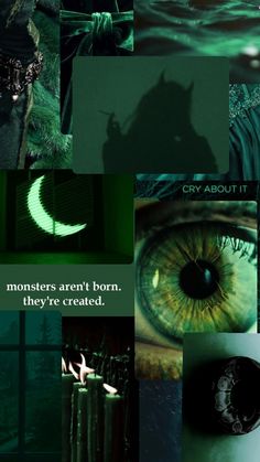 the collage shows an image of green eyes and other things that appear to be creepy