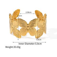 Transform Your Look with Elegance and Style Elevate your ensemble with our stunning Stainless Steel Butterfly Big Open Bracelet. Crafted with precision and designed to dazzle, this bracelet exudes elegance and sophistication. Features: High-quality stainless steel construction for durability 18K gold PVD plating for a luxurious finish Trendy butterfly design adds a touch of whimsy Waterproof for everyday wear Easy-to-wear cuff style Perfect for casual or sporty occasions Benefits: Elevates any o Gold Butterfly Jewelry, Open Bracelet, Set Bracelet, Gold Plated Bangles, Vintage Bangles, Geometric Flower, Flower Butterfly, Butterfly Bracelet, Bangles Style