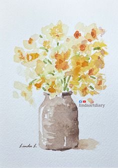 a watercolor painting of yellow flowers in a mason jar