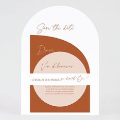 an orange and white wedding save the date card with circles on it's side