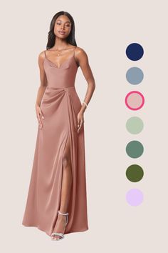 a woman in a long pink dress standing next to color swatches and the colors