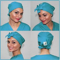 four pictures of a woman wearing a blue scrub hat