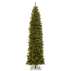 a tall artificial christmas tree with lights on it's base and no ornaments in the bottom