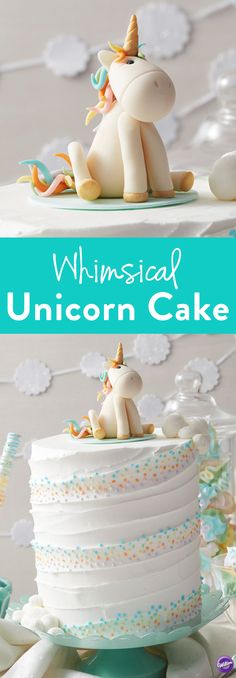 a unicorn cake with white frosting and blue icing