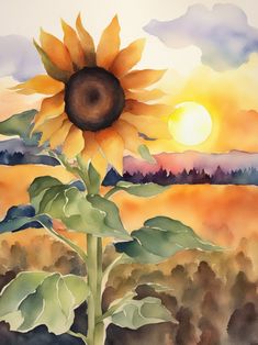 a painting of a sunflower in front of a sunset