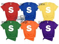 six different colored shirts with the letter s in white and green, red, yellow, purple