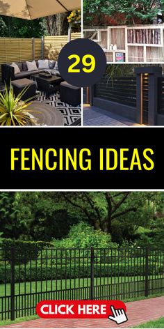 some pictures with the words fencing ideas on them and an image of a black iron fence