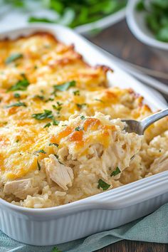 a casserole dish filled with chicken and rice