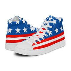 These Patriotic Americana Women's High Top Sneakers are perfect for your 4th of July celebration as well as stylish shoe to wear all year long! * 100% polyester canvas upper side * Ethylene-vinyl acetate (EVA) rubber outsole * Breathable lining, soft insole * Faux leather toe cap * White laces * Padded collar, lace-up front Disclaimer: The shoes will have a glue-like smell when opening the box. The smell will disappear a few days after the shoes are unpacked. Goofy Shoes, Stylish Shoes, Matching Outfits, Canvas Shoes, Converse Sneaker, Womens Shoes Sneakers, High Top, American Flag, 4th Of July