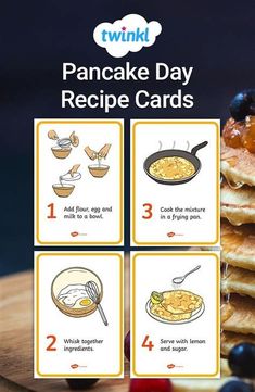 pancake day recipe cards for kids to learn how to make pancakes with their hands