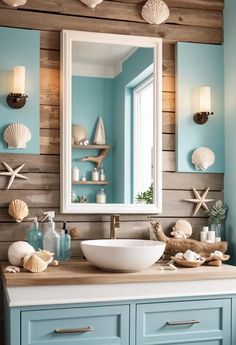 a bathroom with blue walls and white fixtures, including a large mirror above the sink