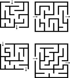 four square mazes with arrows pointing in different directions