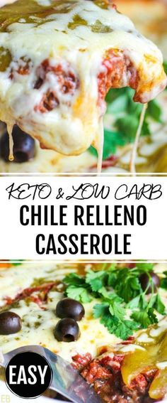 a close up of a pizza with olives on it and the title text reads keto & low carb chile relleno casserole