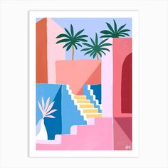 an abstract painting with palm trees and stairs